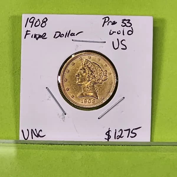 1908 Five Dollar Liberty Head Gold Coin UNC, primary view
