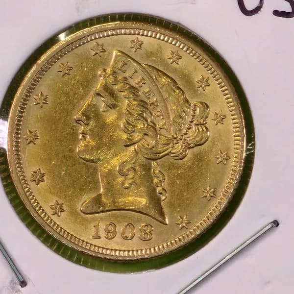 1908 Five Dollar Liberty Head Gold Coin UNC, side view