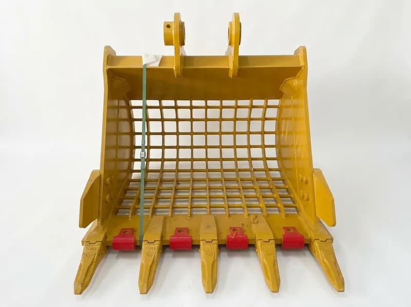 Yellow Excavator Bucket with Grid Screen, side view