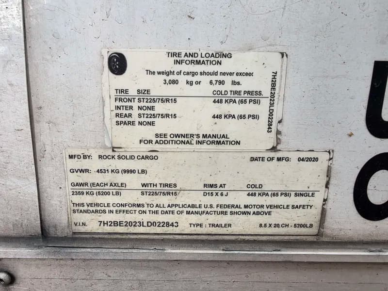 2020 Rock Solid 8.5x20 Enclosed Cargo Trailer – Tandem Axle – 9,990 lb GVWR – Clean Title, rear view