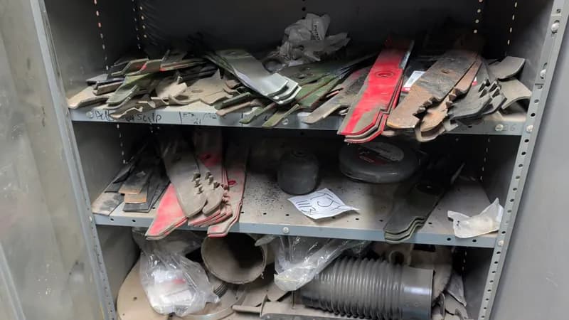 Lawn Equipment Parts & Accessories Lot with Metal Shelf - Cabinet not included, interior view