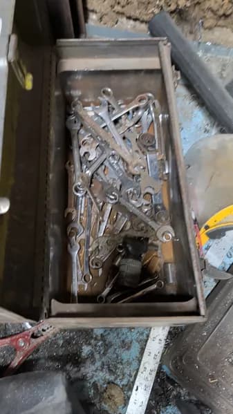 Metal Tool Storage Box w/ Hand Tools & Wrenches, side view