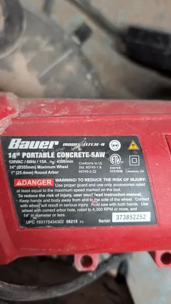 Bauer 14" Portable Concrete Saw Model 1173E-B, side view