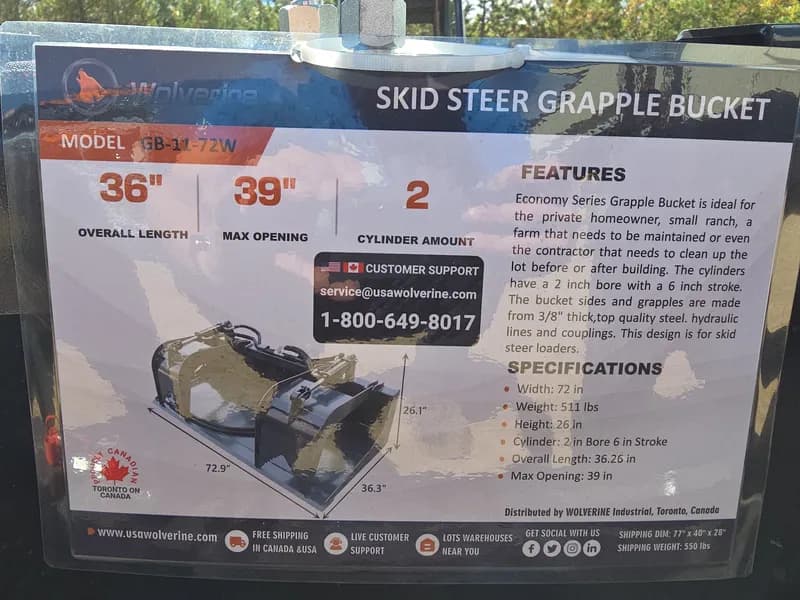 Wolverine 72-inch Skid Steer Grapple Bucket GB-11-72W, side view