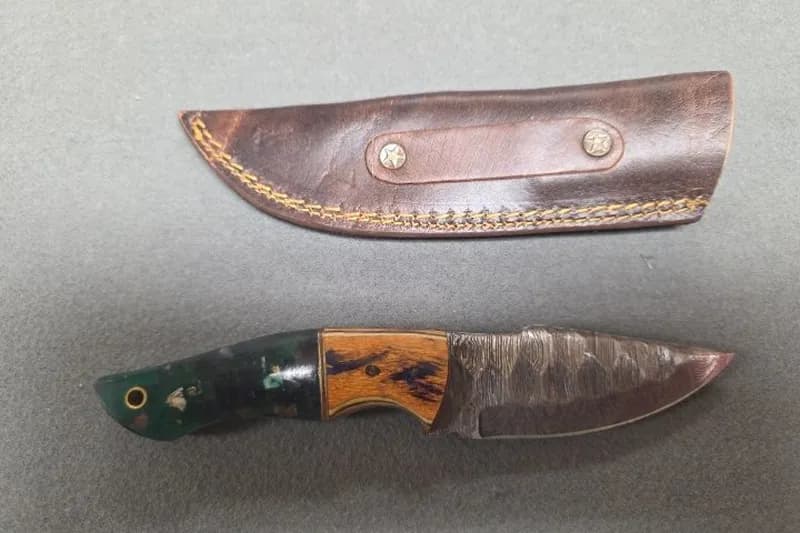 Damascus Steel Fixed Blade Knife w/ Leather Sheath, rear view
