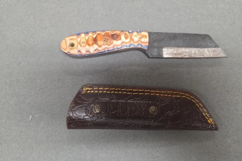 Fixed Blade Knife w/ Damascus Steel & Wooden Handle, rear view