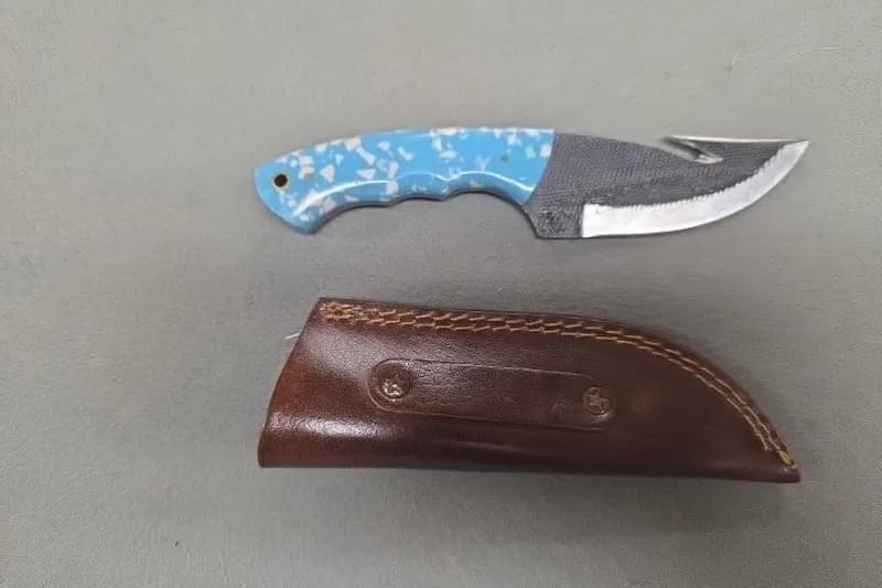 Fixed Blade Hunting Knife w/ Blue Handle & Leather Sheath, rear view