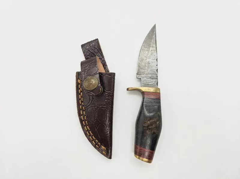 Fixed Blade Knife w/ Patterned Blade, Brass Guard, Wood Handle & Leather Sheath, primary view