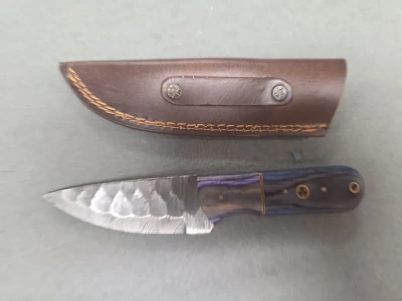 Fixed Blade Knife with Pattern-Welded Style Blade, Blue Laminated Wood Handle & Leather Sheath, rear view