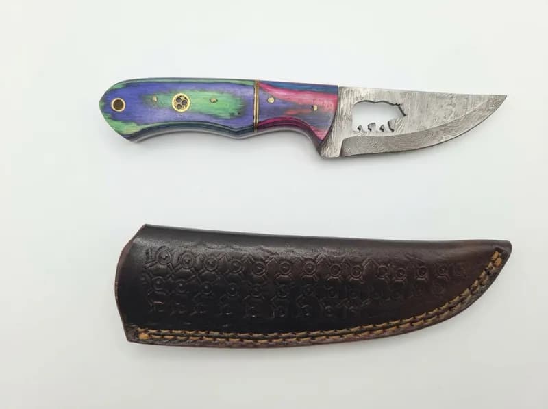 Fixed Blade Knife w/ Bear Cutout Damascus-Pattern Blade & Leather Sheath, primary view