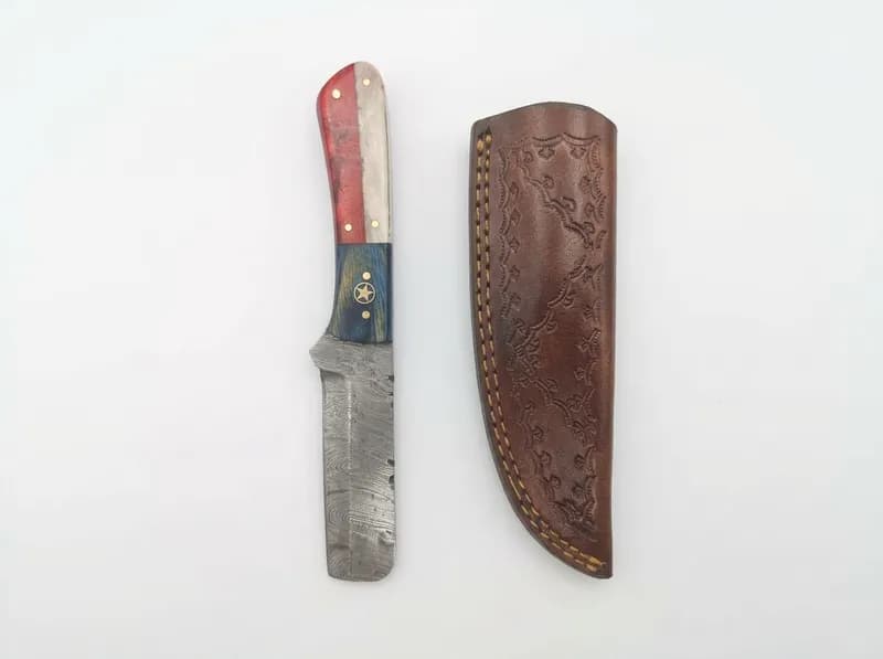 Fixed Blade Knife with Damascus-Pattern Blade, Multicolor Handle and Leather Sheath, primary view