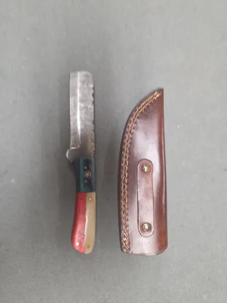 Fixed Blade Knife with Damascus-Pattern Blade, Multicolor Handle and Leather Sheath, rear view