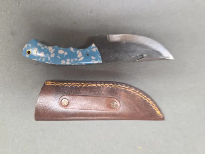 Fixed Blade Knife w/ Blue Terrazzo-Style Handle, Gut Hook & Leather Sheath, rear view