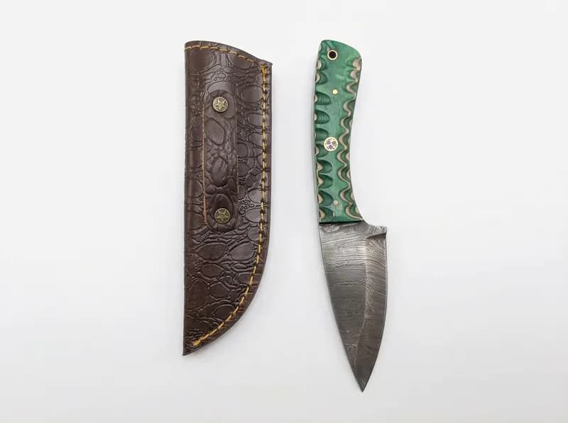Fixed Blade Knives w/ Patterned Blades, Handles & Leather Sheaths, Lot of 3, primary view