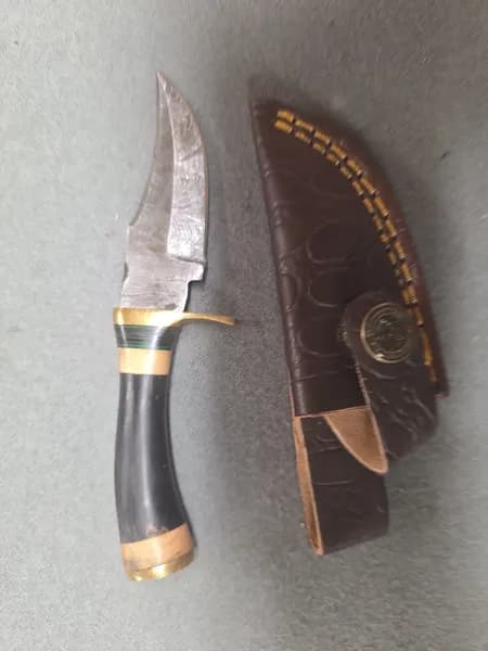 Fixed Blade Knives w/ Patterned Blades, Handles & Leather Sheaths, Lot of 3, rear view