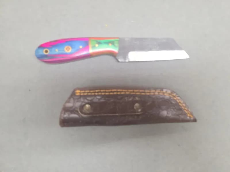 Fixed Blade Knife w/ Multicolor Laminated Wood Handle & Textured Leather Sheath, side view