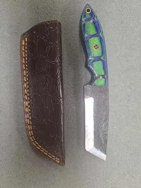 Fixed Blade Knife w/ Tanto-Style Blade, Colored Wood Handle & Leather Sheath, rear view
