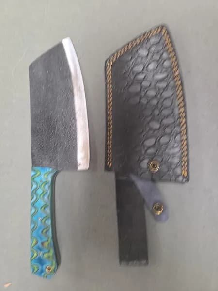 Hand Forged Style Cleaver Knife w/ Blue Green Handle and Embossed Leather Sheath, side view