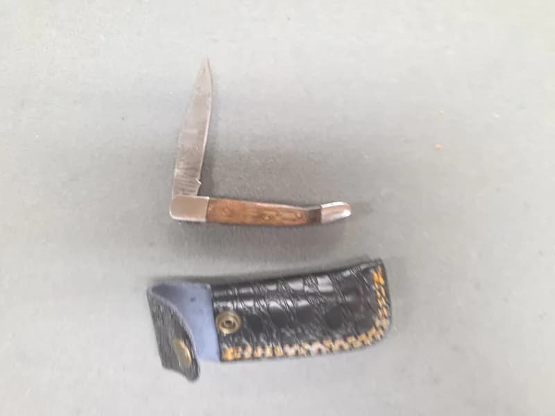 Folding Pocket Knife with Damascus-Pattern Blade, Wood Handle & Leather Sheath, side view