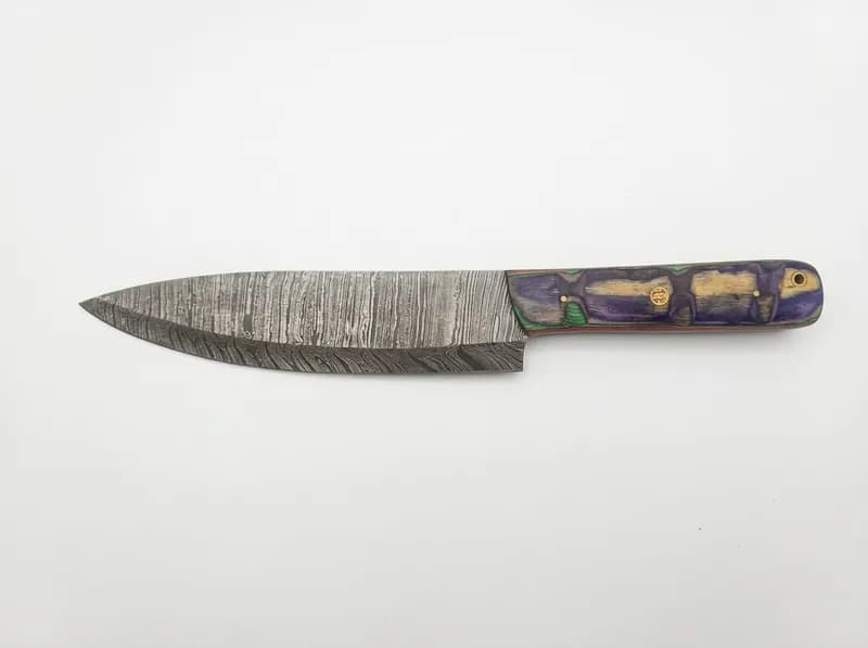 Damascus-Pattern Fixed Blade Chef Knife w/ Purple Green Laminated Handle, primary view