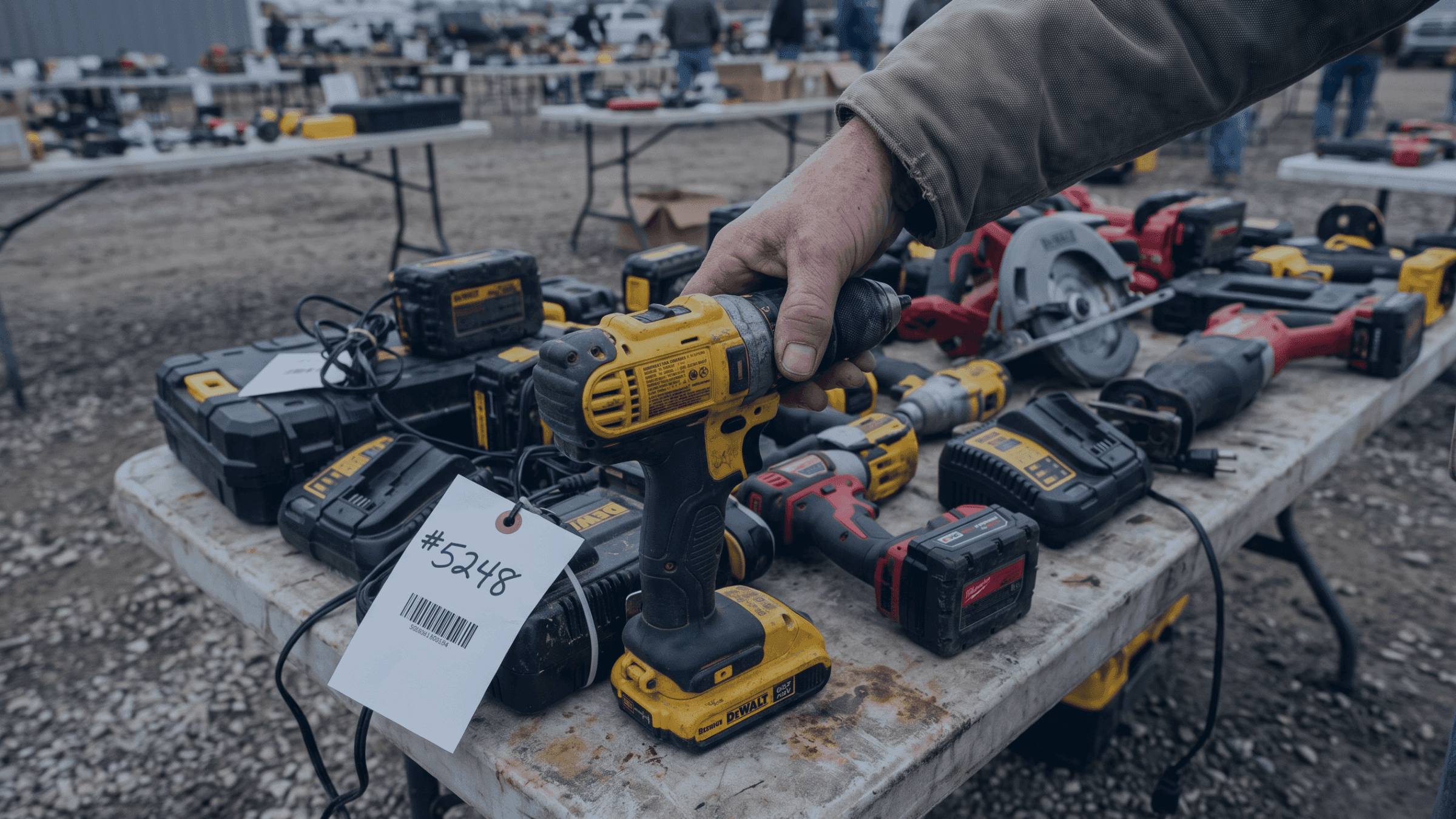 A person's hand reaches for a yellow DeWalt cordless drill on a table of power tools.