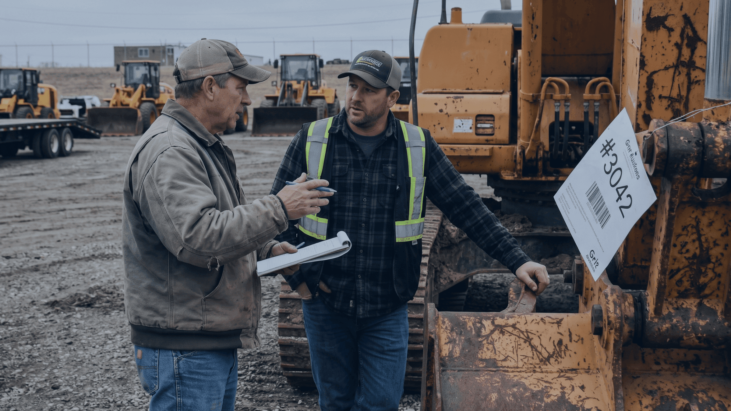 Two men discuss heavy equipment in an outdoor yard with machinery in the background.
